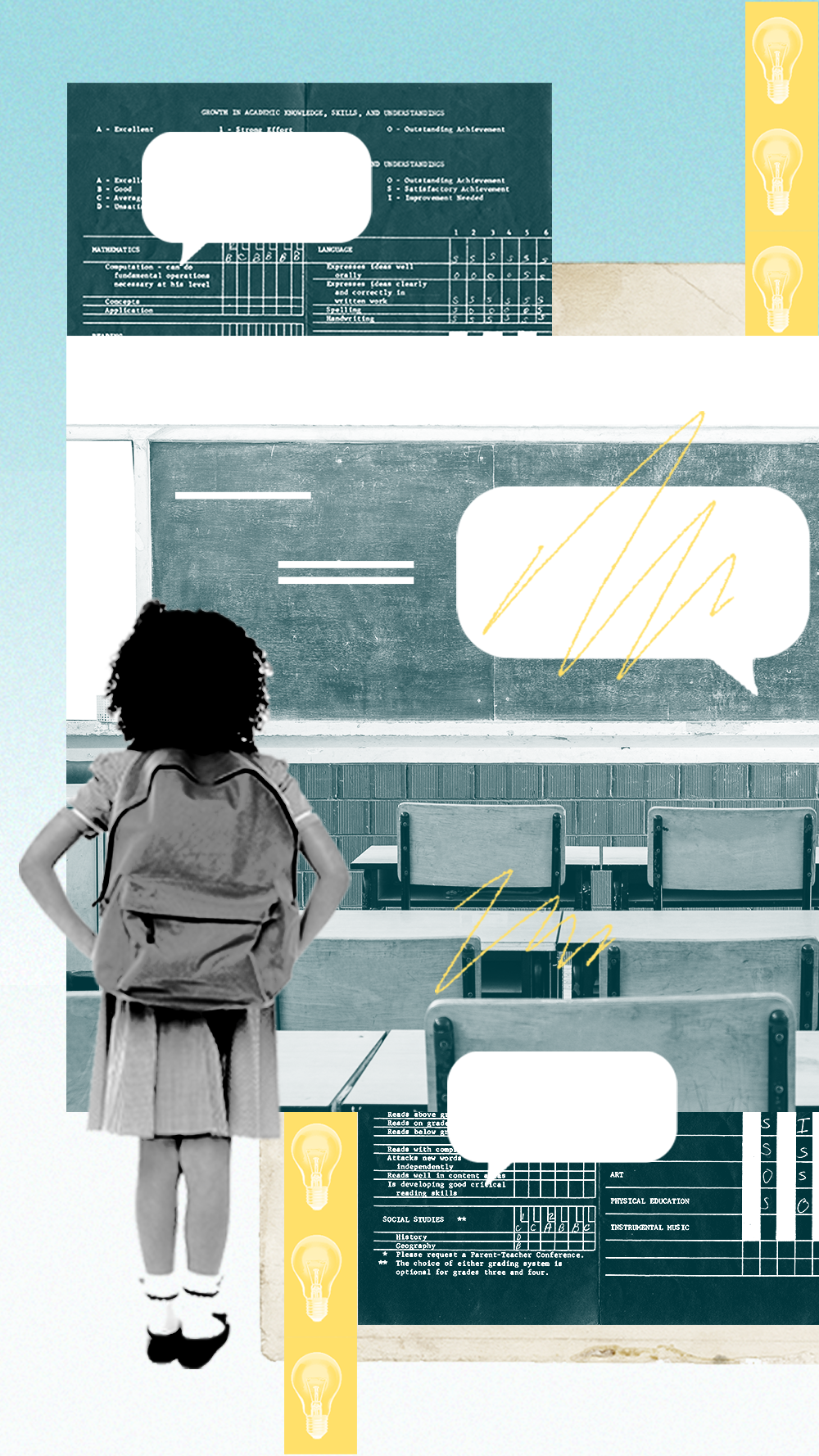 An image depicting a classroom, lightbulbs, thought bubbles, and a child with a backpack.