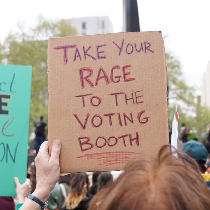 sign reads" Take your rage to the voting booth"