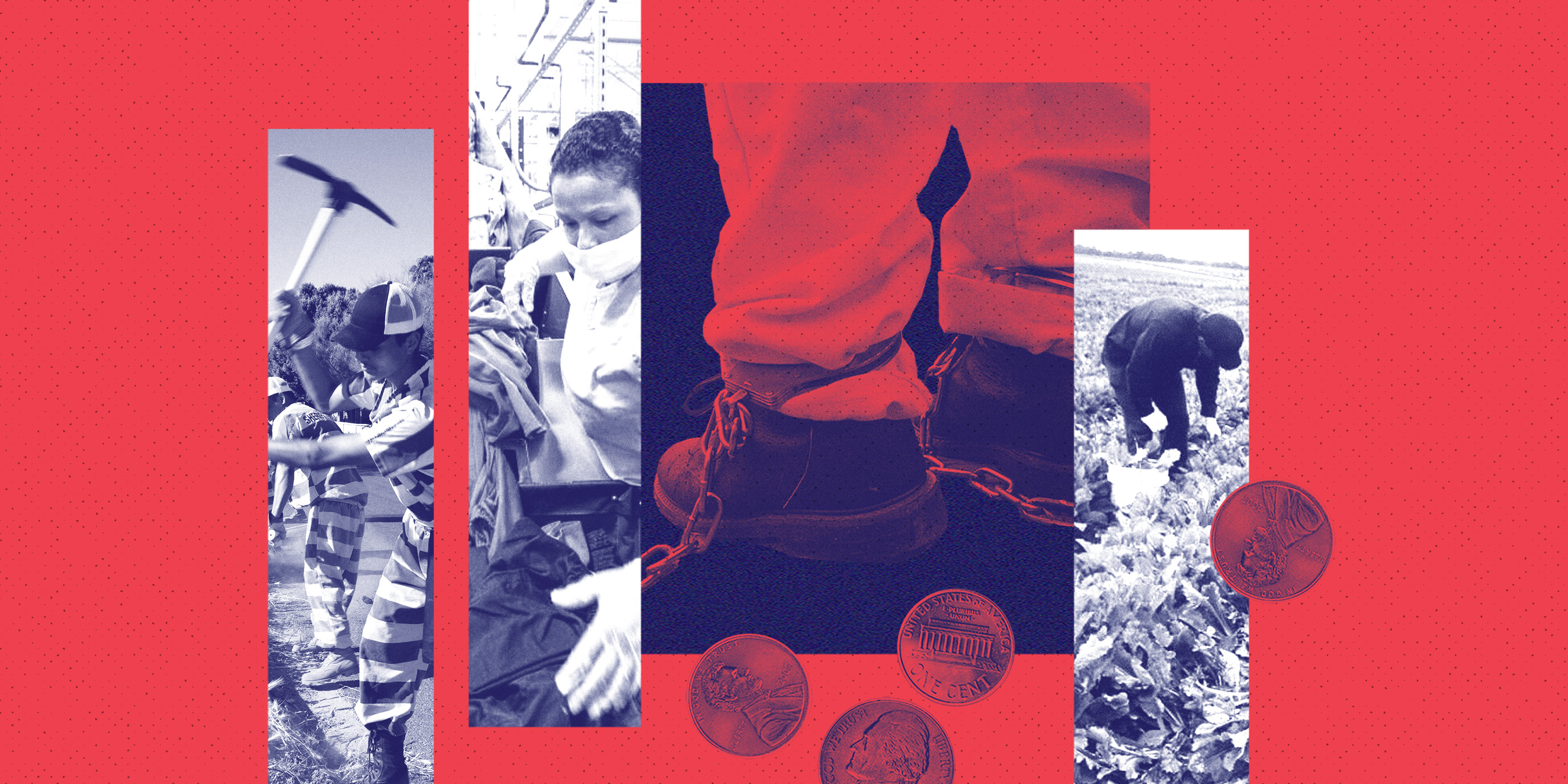 A collage of images depicting prison labor.