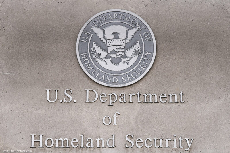 U.S, Department of Homeland Security logo on a federal building.