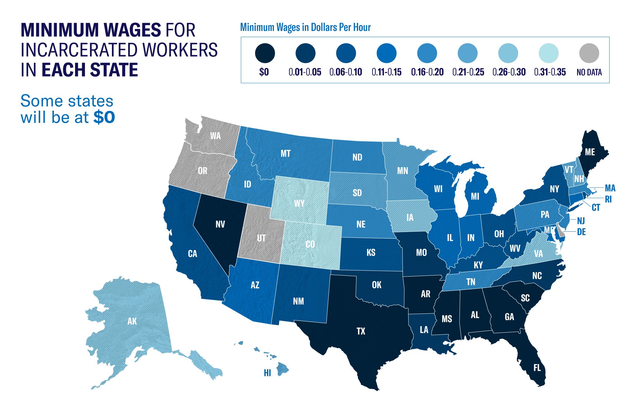 A map showing minimum hourly wages for incarcerated workers.