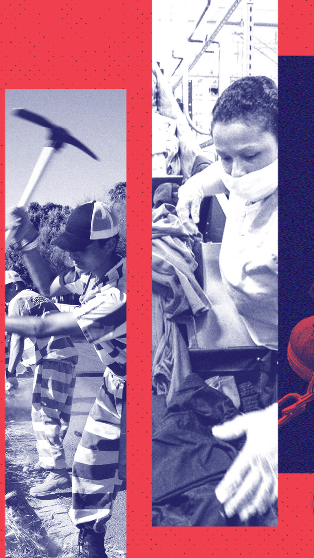 A collage of images depicting prison labor.