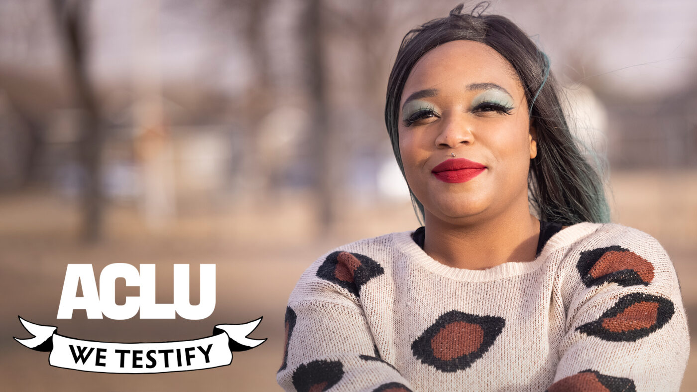 A photo of Angel Kai with the text "ACLU We Testify."