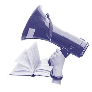 Icon of a hand holding a megaphone next to an open book