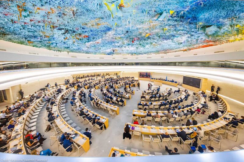 Delegates, arrayed in an expanding circle of desks, attend the 50th session of the Human Rights Council, at the European headquarters of the United Nations in Geneva, Switzerland.