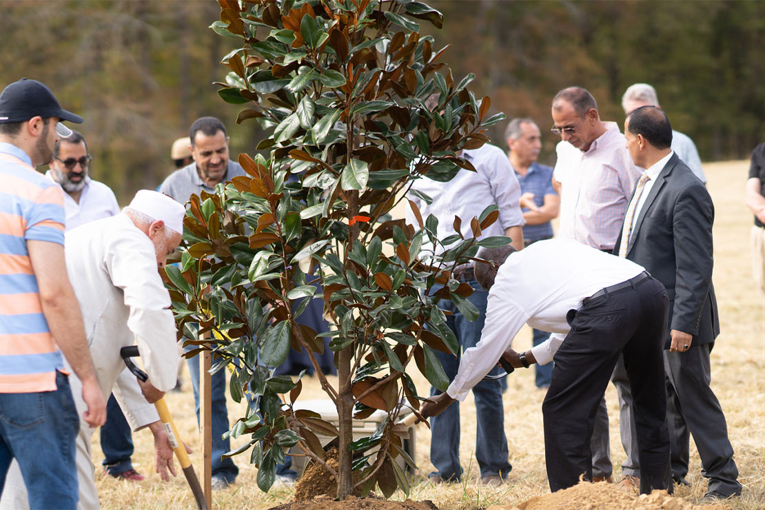 Two men (members of the Abraham House of God, the first mosque in DeSoto County Mississippi) planting a tree while others look on.