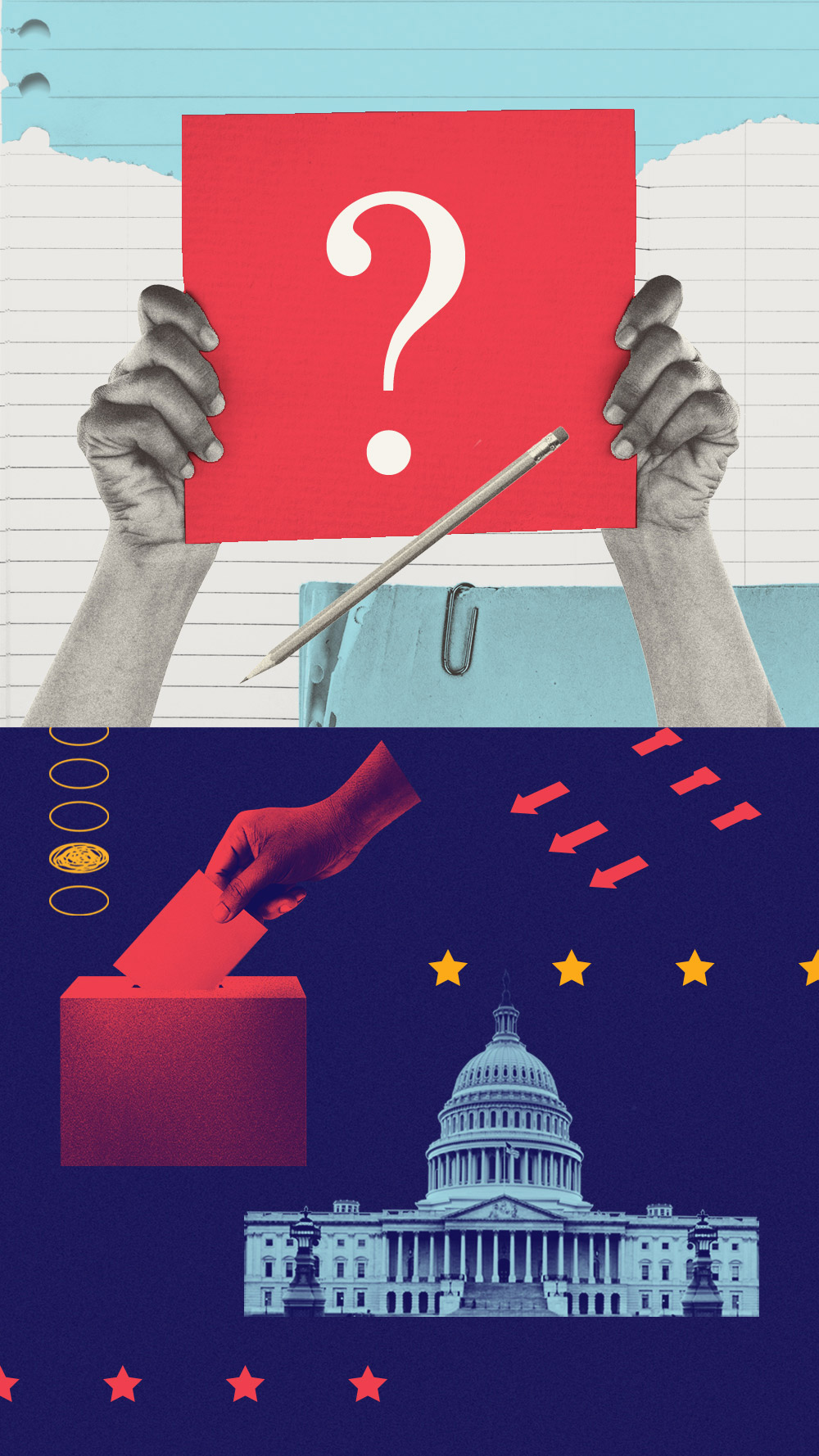 A collage of voting-related imagery including a ballot box, ballot bubbles to fill in and the U.S. Capitol building.