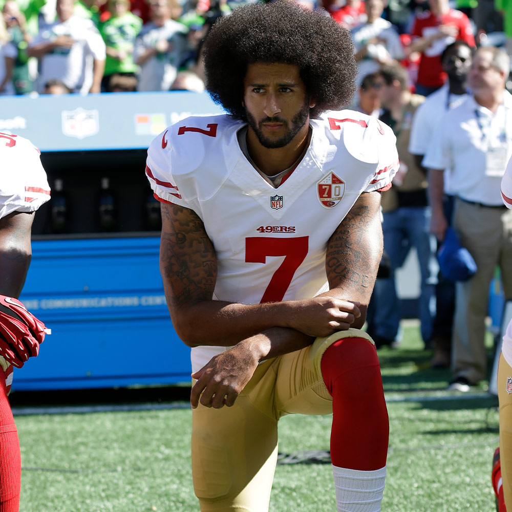 n this Sept. 25, 2016, file photo, San Francisco 49ers' Colin Kaepernick kneels during the national anthem before an NFL football game.