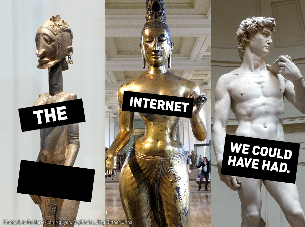 Side-by-side photos of censored statues