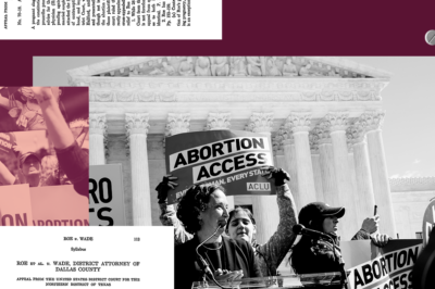 A collage of pro-choice protestors, Roe v. Wade documents, and medical abortion pills all on a burgundy background.