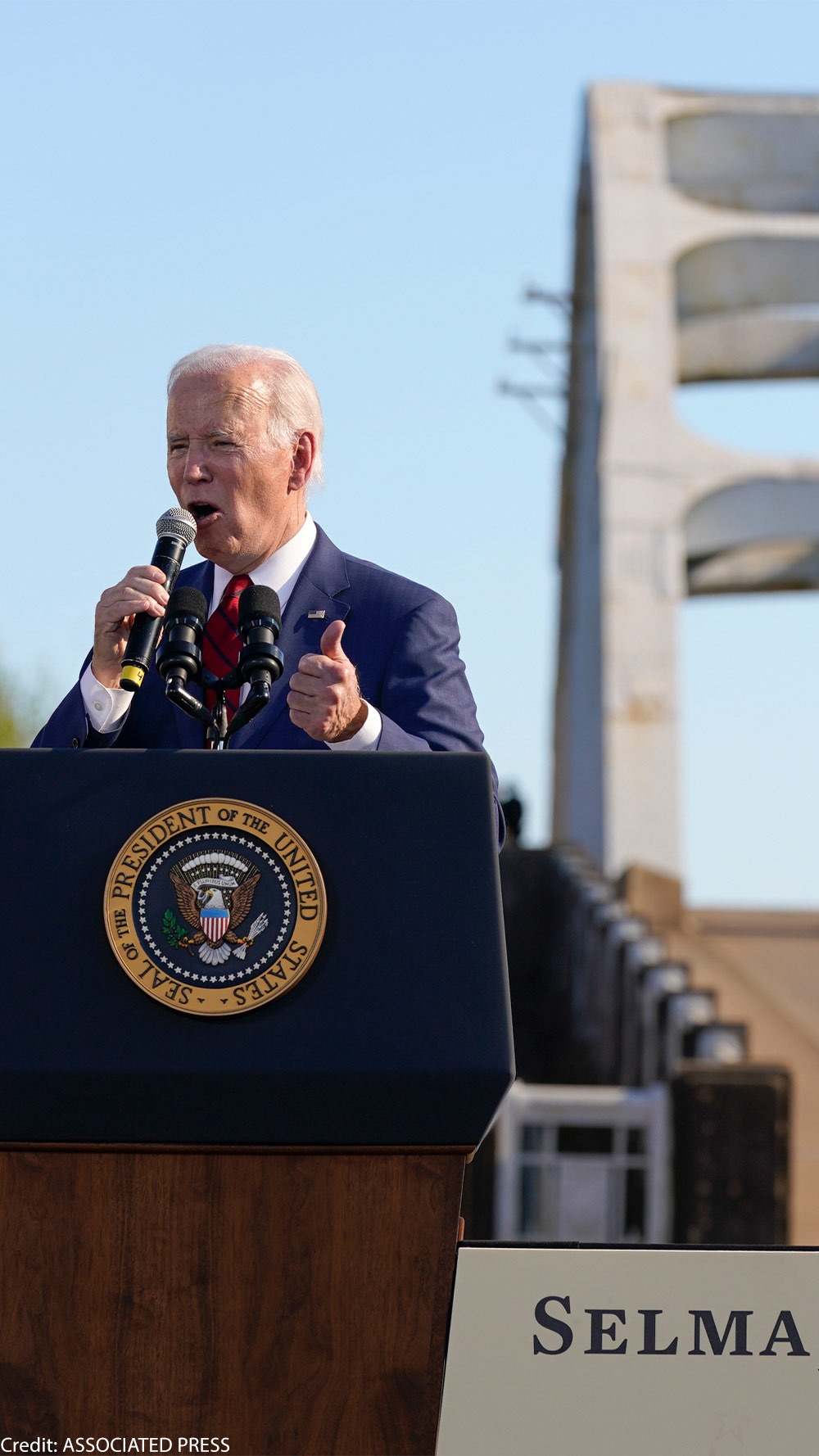 President Joe Biden speaks near the Edmund Pettus Bridge in Selma, Ala., Sunday, March 5, 2023, to commemorate the 58th anniversary of Bloody Sunday.