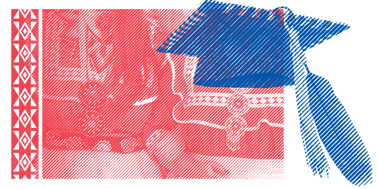 A stylized graphic of a blue graduation cap against red tribal regalia. Students are fighting back against dress code restrictions placed on these adornments.