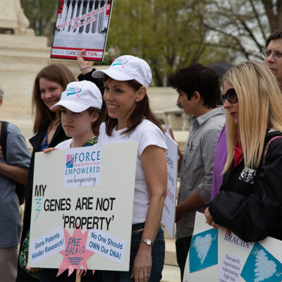 Activists set against gene patenting gather in front of the US Supreme Court prior to the Association for Molecular Pathology v. Myriad Genetics hearing.