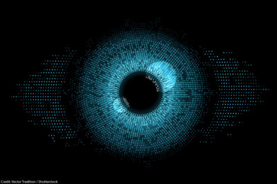 Digital eye composed of ones and zeros.