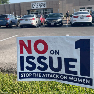 A campaign sign reading "No on Issue 1."