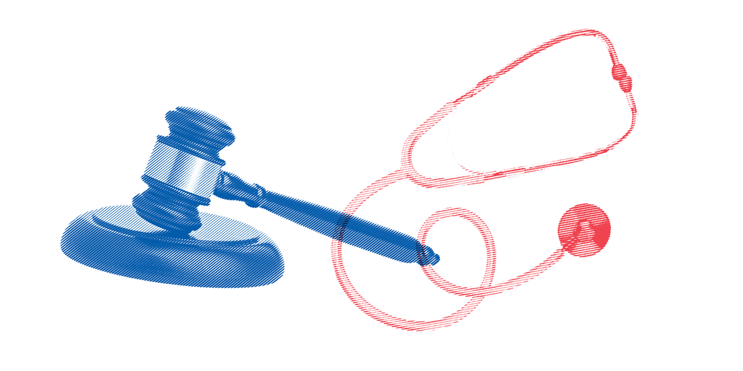 A graphic of a gavel and a stethoscope.