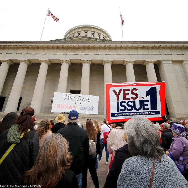 Supporters of Issue 1 attend a rally for the Right to Reproductive Freedom amendment held by Ohioans United for Reproductive Rights at the Ohio State House in Columbus, Ohio, Sunday, Oct. 8, 2023.