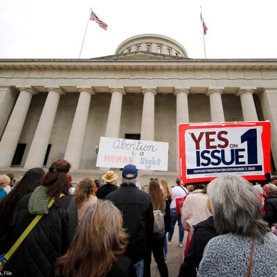 Supporters of Issue 1 attend a rally for the Right to Reproductive Freedom amendment held by Ohioans United for Reproductive Rights at the Ohio State House.
