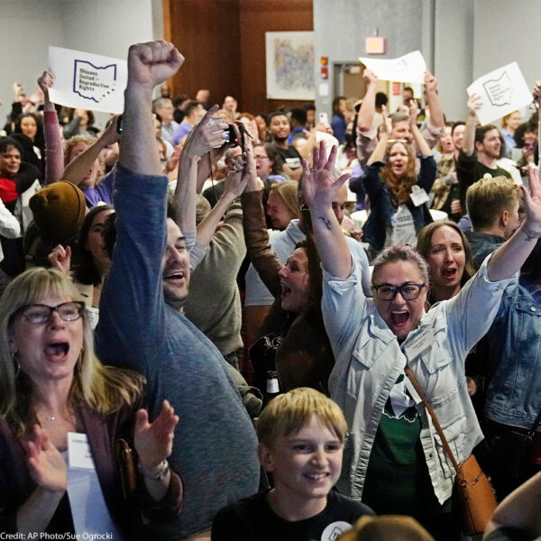 Issue 1 supporters cheer as they watch election results come in, Tuesday, Nov. 7, 2023, in Columbus Ohio. Ohio voters have approved a constitutional amendment that guarantees the right to abortion and other forms of reproductive health care. The outcome of Tuesday’s intense, off-year election was the latest blow for abortion opponents.