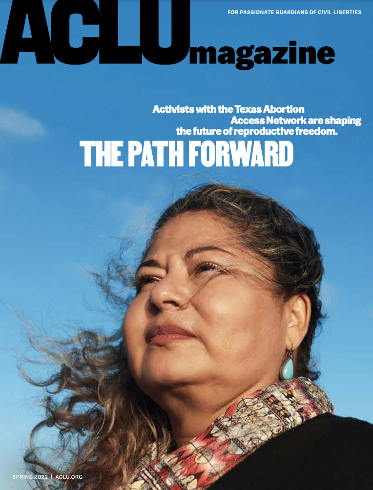 The cover of ACLU Magazine featuring woman looking off into the distance.