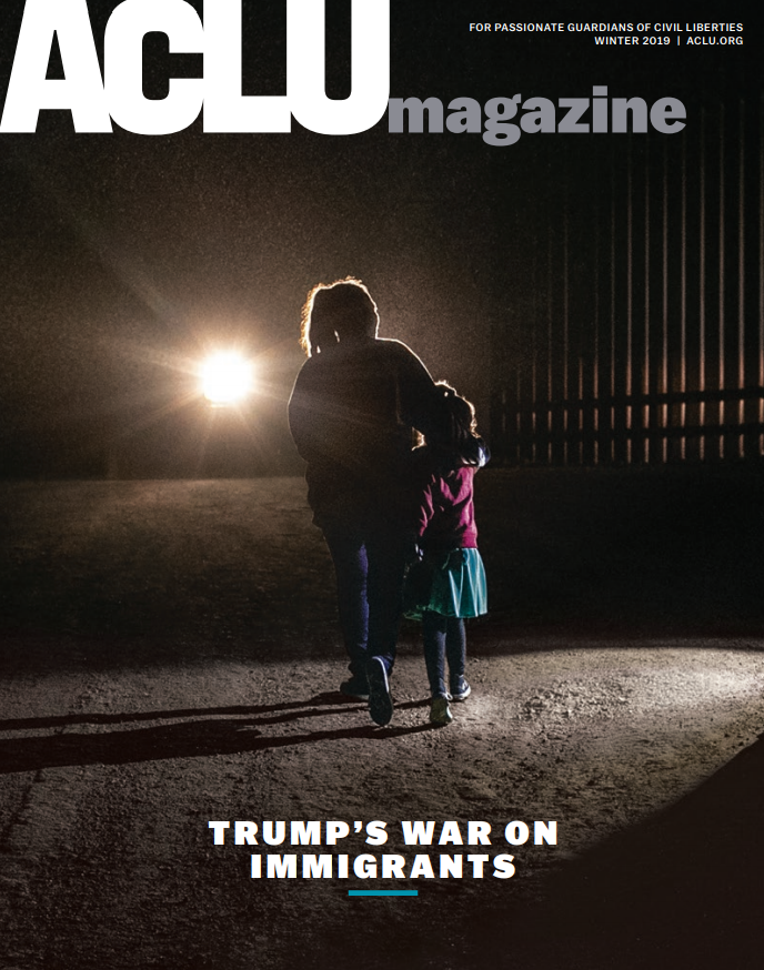 ACLU Magazine winter 2019 cover showing two children near a fence at night