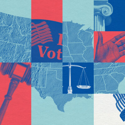 A graphic featuring a map of the United States and different voting and legislative motifs.
