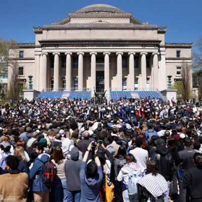 A faculty rally in favor of academic free speech is held in the main quad at Columbia University in New York.